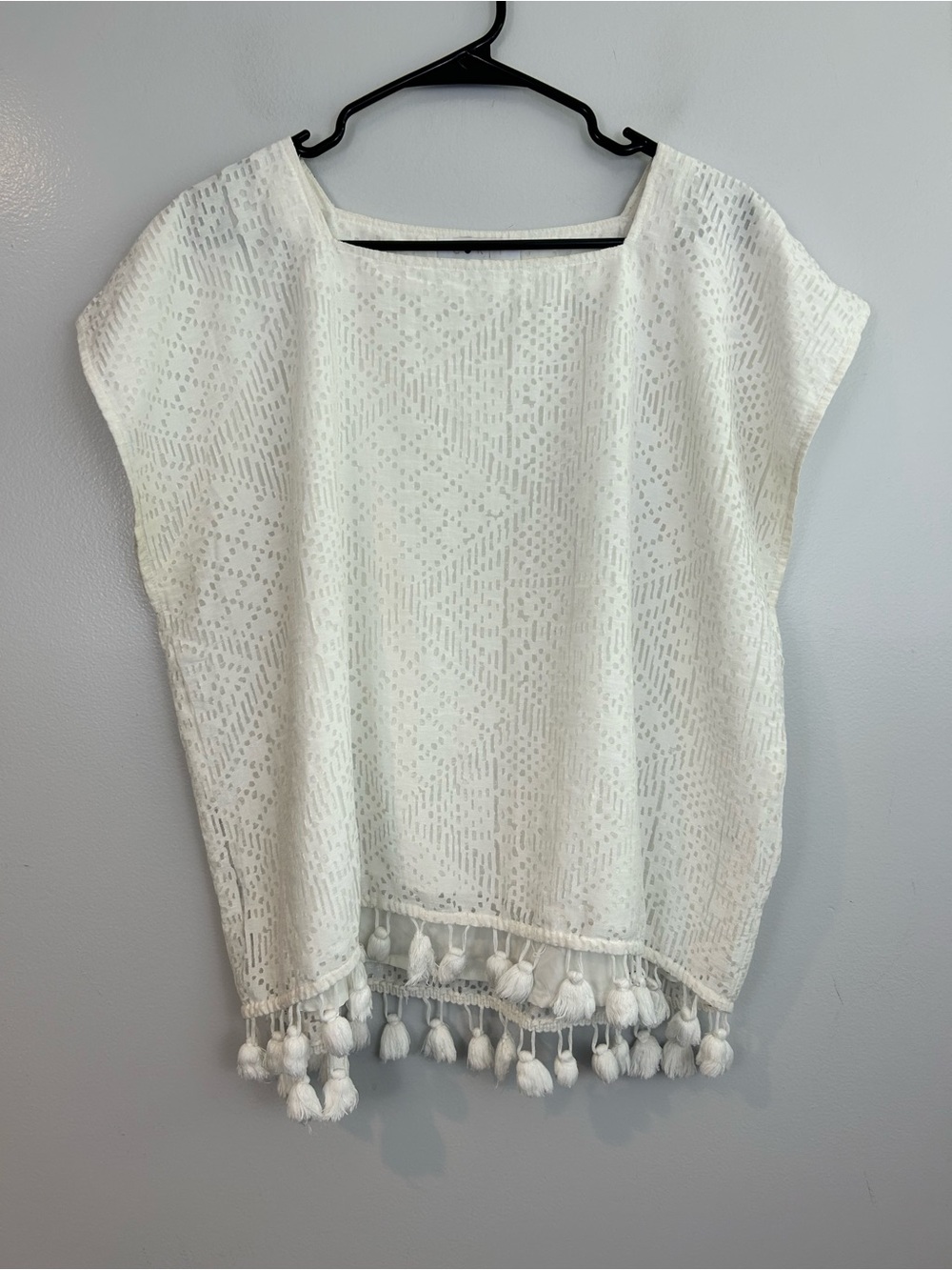 Corly White Burnout Jarquard Pom Pom Trim Boxy Boho Square Neck Top Size Large